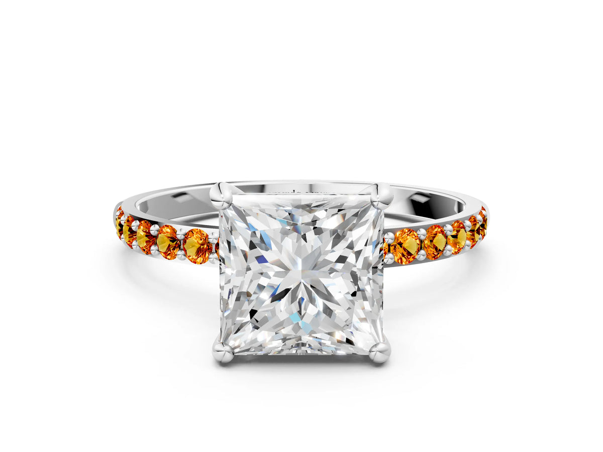 Silver Princess Cut Diamond Solitaire Ring with Round Citrine Pavé Band and Prong Setting_12