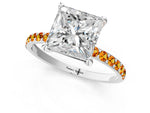 Silver Princess Cut Diamond Solitaire Ring with Round Citrine Pavé Band and Prong Setting_13