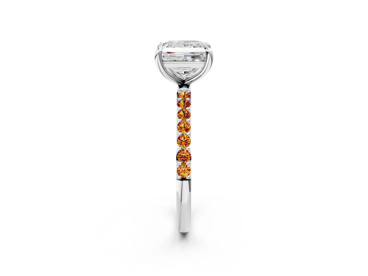 Silver Princess Cut Diamond Solitaire Ring with Round Citrine Pavé Band and Prong Setting_14