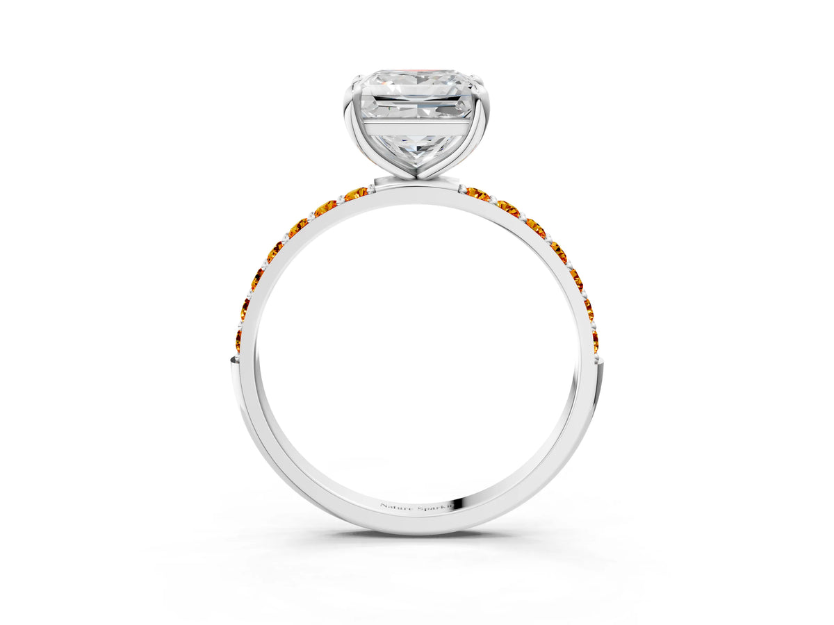 Silver Princess Cut Diamond Solitaire Ring with Round Citrine Pavé Band and Prong Setting_15