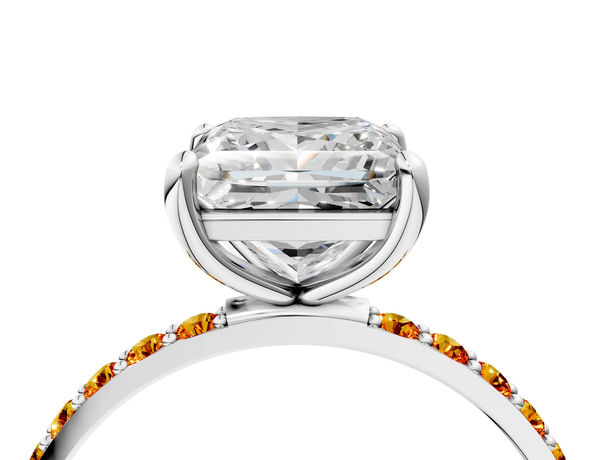 Silver Princess Cut Diamond Solitaire Ring with Round Citrine Pavé Band and Prong Setting_16
