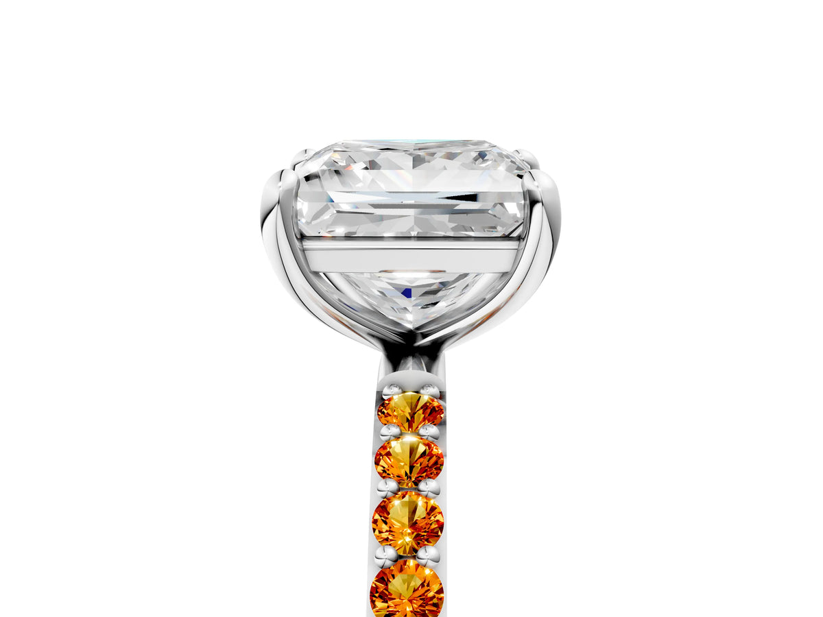 Silver Princess Cut Diamond Solitaire Ring with Round Citrine Pavé Band and Prong Setting_17