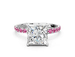 Silver Princess Cut Diamond Solitaire Ring with Round Pink Sapphire Pavé Band and Prong Setting_12