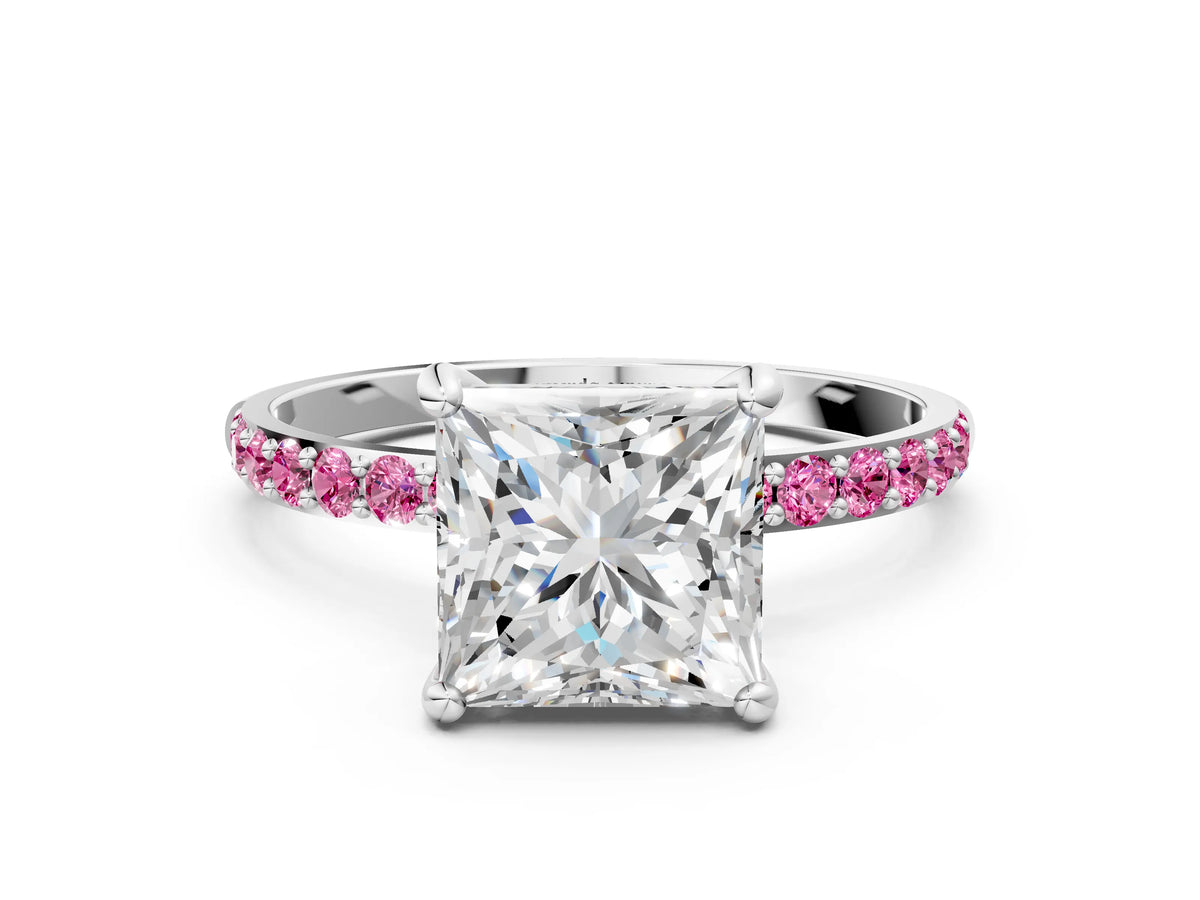 Silver Princess Cut Diamond Solitaire Ring with Round Pink Sapphire Pavé Band and Prong Setting_12