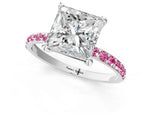 Silver Princess Cut Diamond Solitaire Ring with Round Pink Sapphire Pavé Band and Prong Setting_13