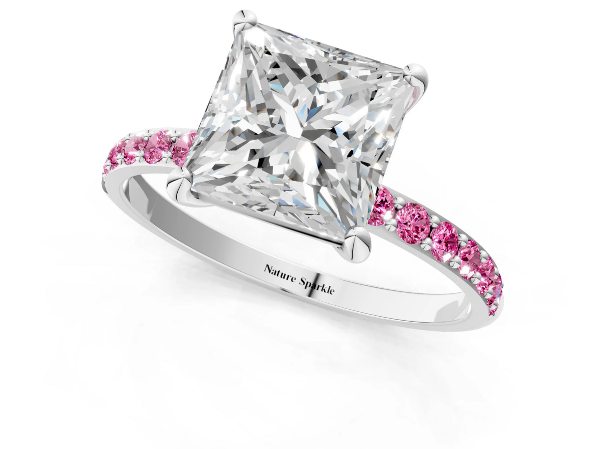 Silver Princess Cut Diamond Solitaire Ring with Round Pink Sapphire Pavé Band and Prong Setting_13