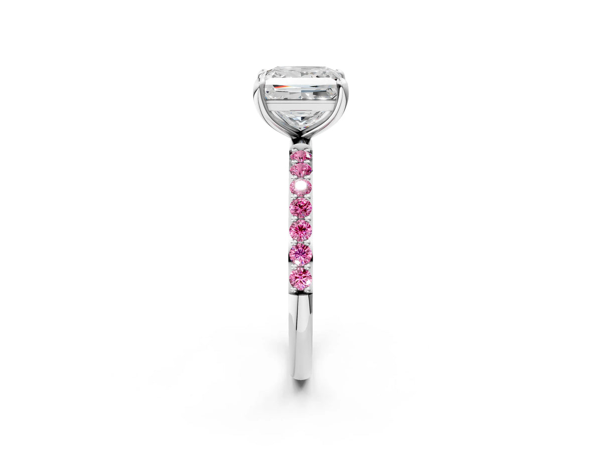 Silver Princess Cut Diamond Solitaire Ring with Round Pink Sapphire Pavé Band and Prong Setting_14