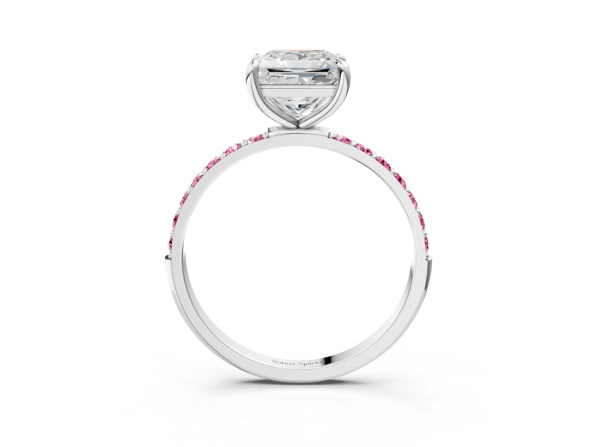 Silver Princess Cut Diamond Solitaire Ring with Round Pink Sapphire Pavé Band and Prong Setting_15