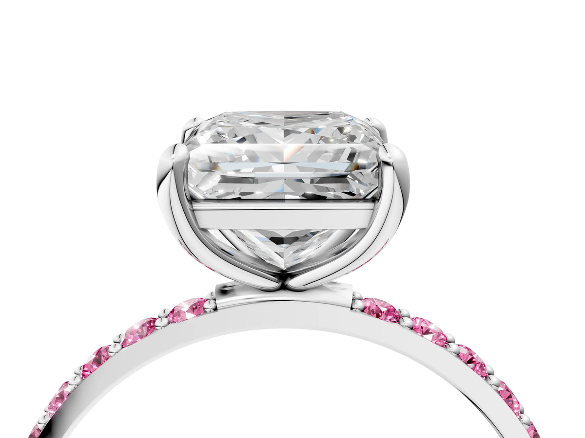 Silver Princess Cut Diamond Solitaire Ring with Round Pink Sapphire Pavé Band and Prong Setting_16