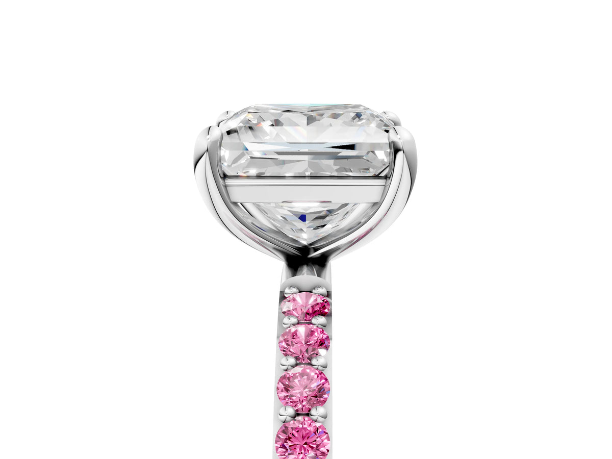 Silver Princess Cut Diamond Solitaire Ring with Round Pink Sapphire Pavé Band and Prong Setting_17