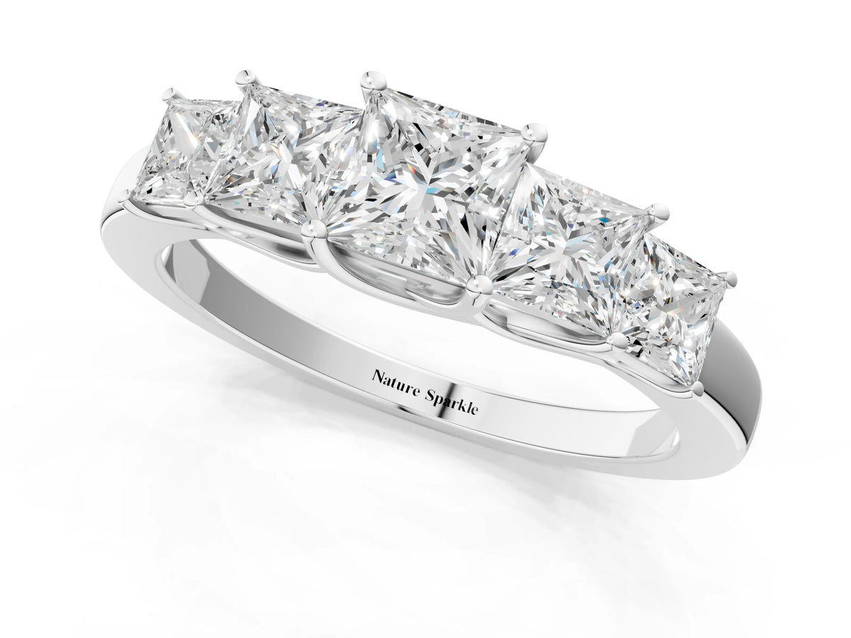 Silver Princess Cut Five-Stone Diamond Ring with Classic Prong Setting_13