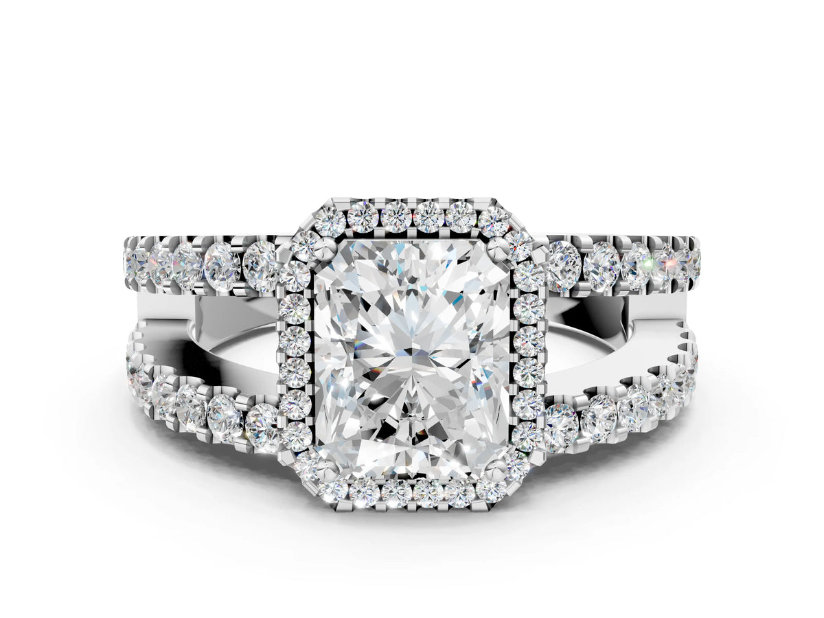 Silver Radiant Cut Cut Halo Split Shank Diamond Ring with Four-Prong Setting_12