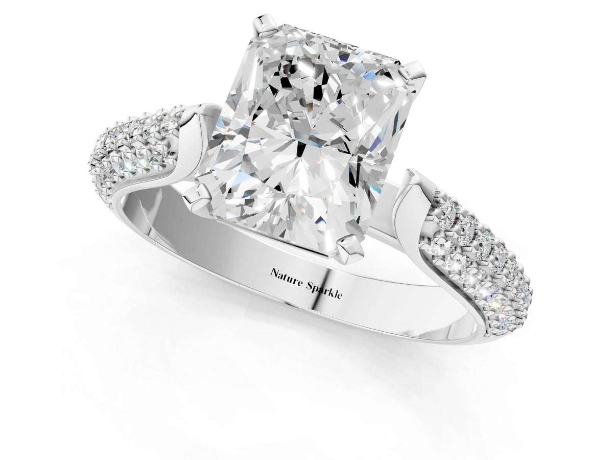Silver Radiant Cut Diamond Solitaire Engagement Ring with Multi-Row Round Pavé Band and Prong Setting_7