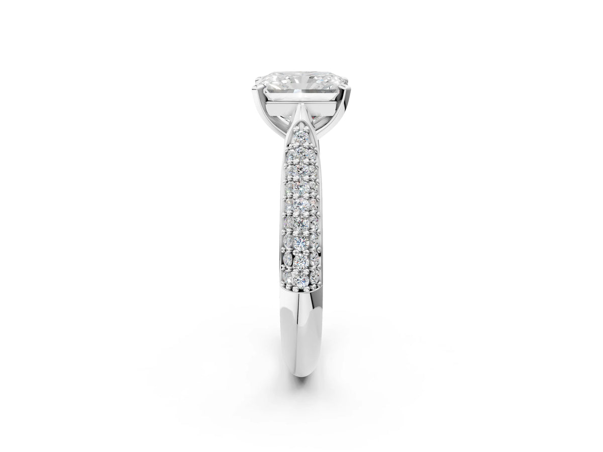 Silver Radiant Cut Diamond Solitaire Engagement Ring with Multi-Row Round Pavé Band and Prong Setting_8