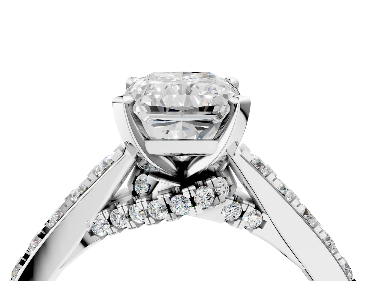 Silver Radiant Cut Diamond Solitaire Ring with Crossover Gallery and Round Pavé Band_10