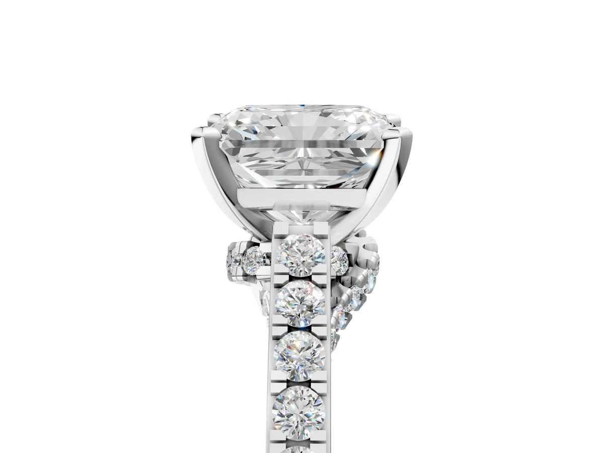 Silver Radiant Cut Diamond Solitaire Ring with Crossover Gallery and Round Pavé Band_11