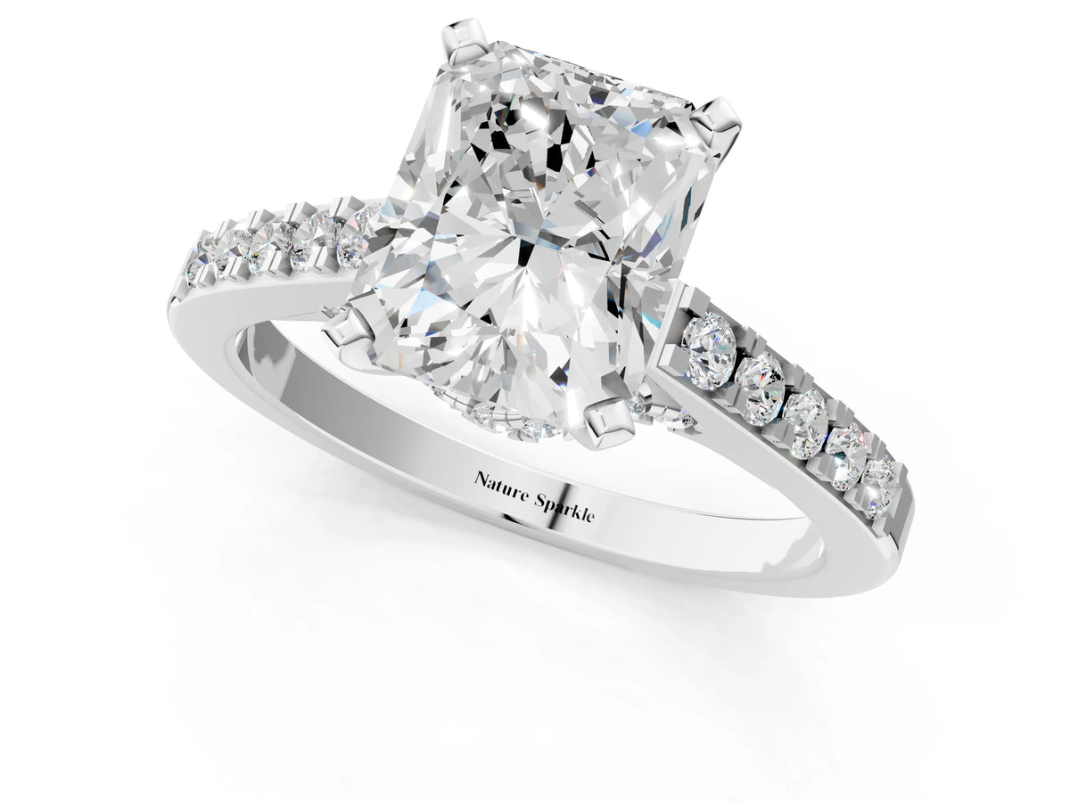Silver Radiant Cut Diamond Solitaire Ring with Crossover Gallery and Round Pavé Band_7