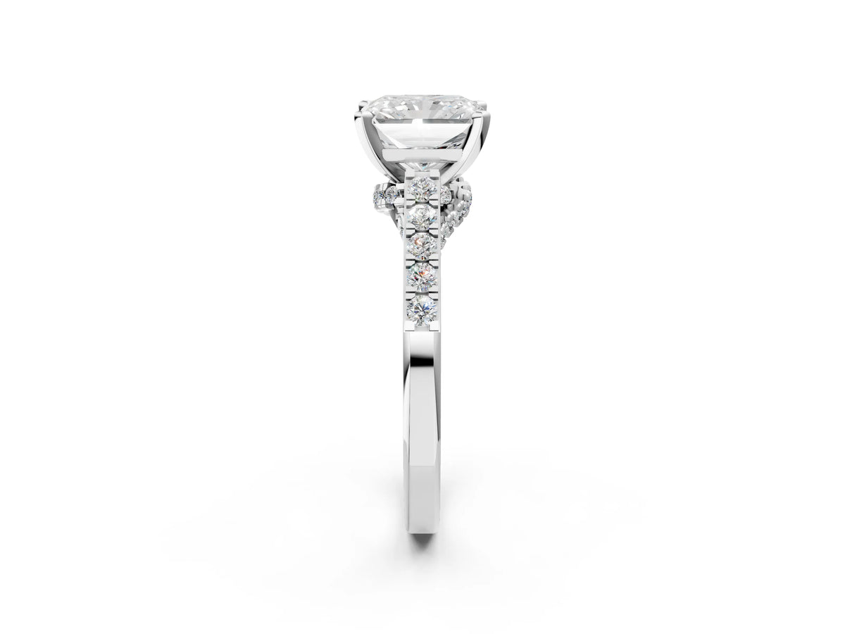 Silver Radiant Cut Diamond Solitaire Ring with Crossover Gallery and Round Pavé Band_8