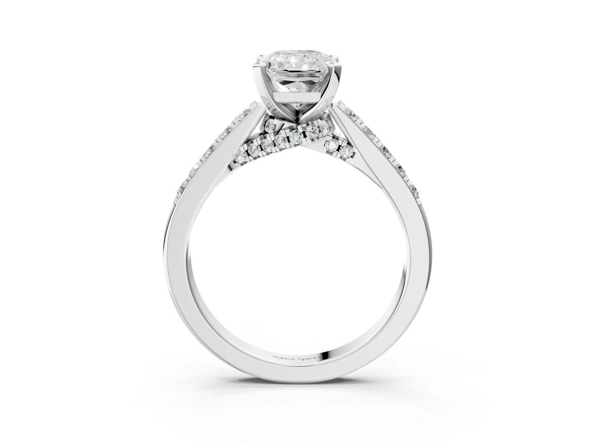 Silver Radiant Cut Diamond Solitaire Ring with Crossover Gallery and Round Pavé Band_9