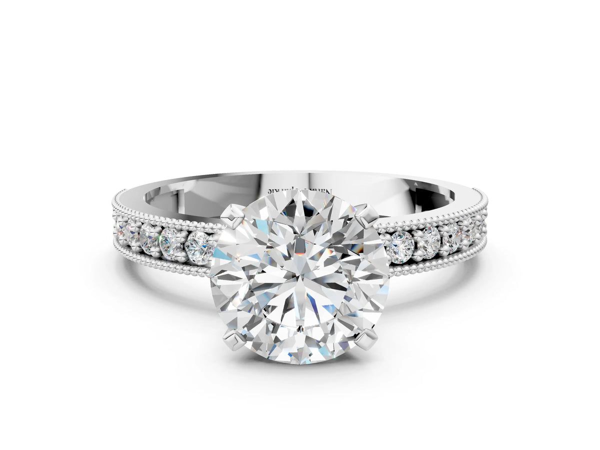 Silver Round Cut Diamond Milgrain Pavé Engagement Ring with Four-Prong Setting_24
