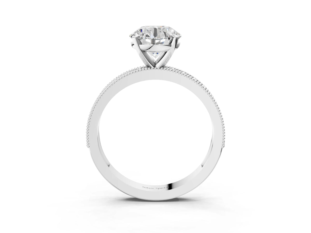 Silver Round Cut Diamond Milgrain Pavé Engagement Ring with Four-Prong Setting_27