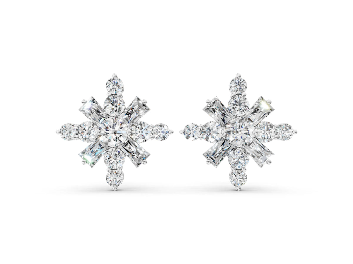 Silver Round Cut Diamond Snowflake Cluster Stud Earrings_4