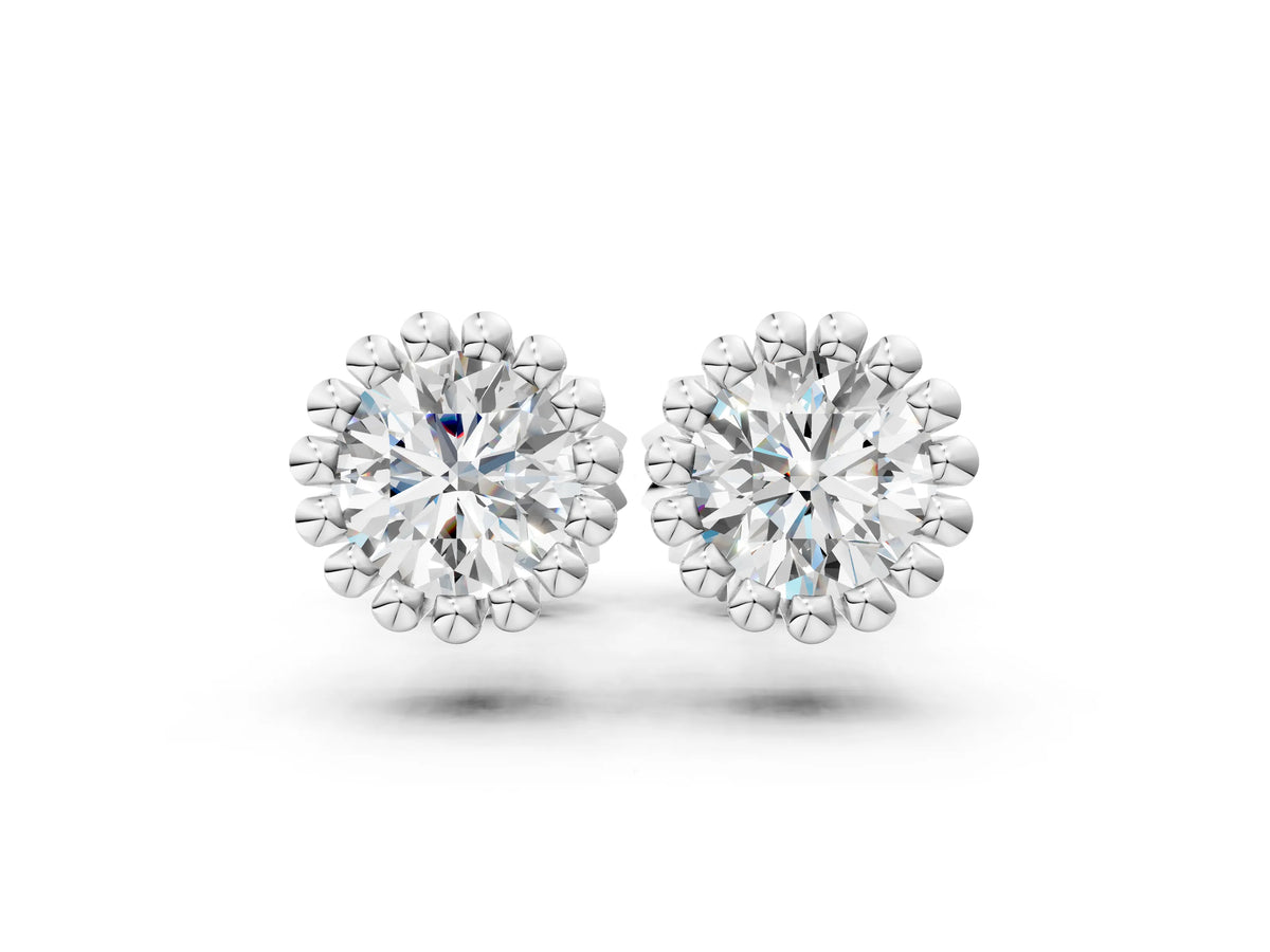 Silver Round Diamond Flower Halo Stud Earrings with Petal Prong Setting_6