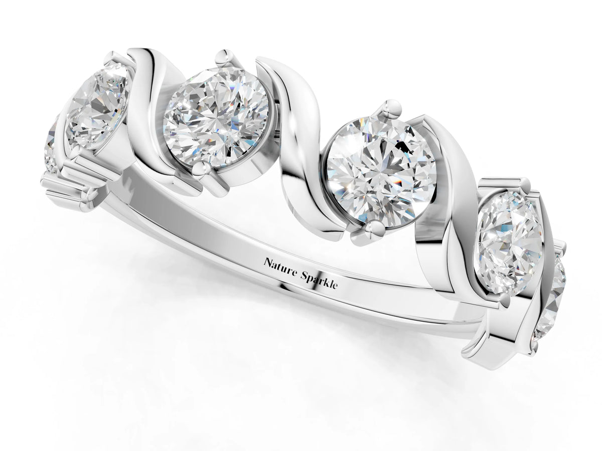 Silver Round Diamond Half Eternity Band with Wave Prong Setting_7