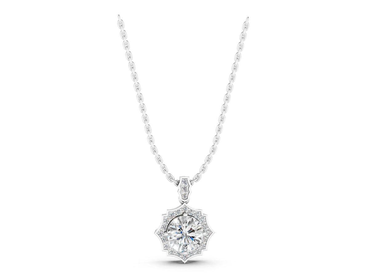 Silver Round Diamond Halo Pendant with Milgrain Prong Setting_3
