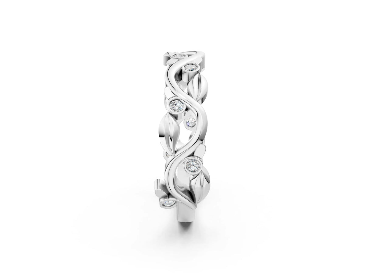 Silver Round Diamond Leaf Eternity Band with Bezel Setting_14