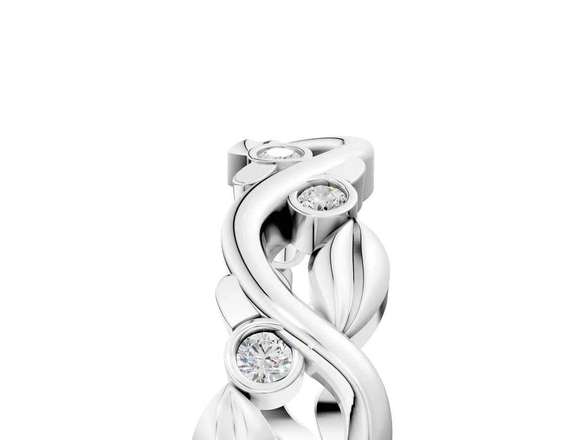 Silver Round Diamond Leaf Eternity Band with Bezel Setting_17