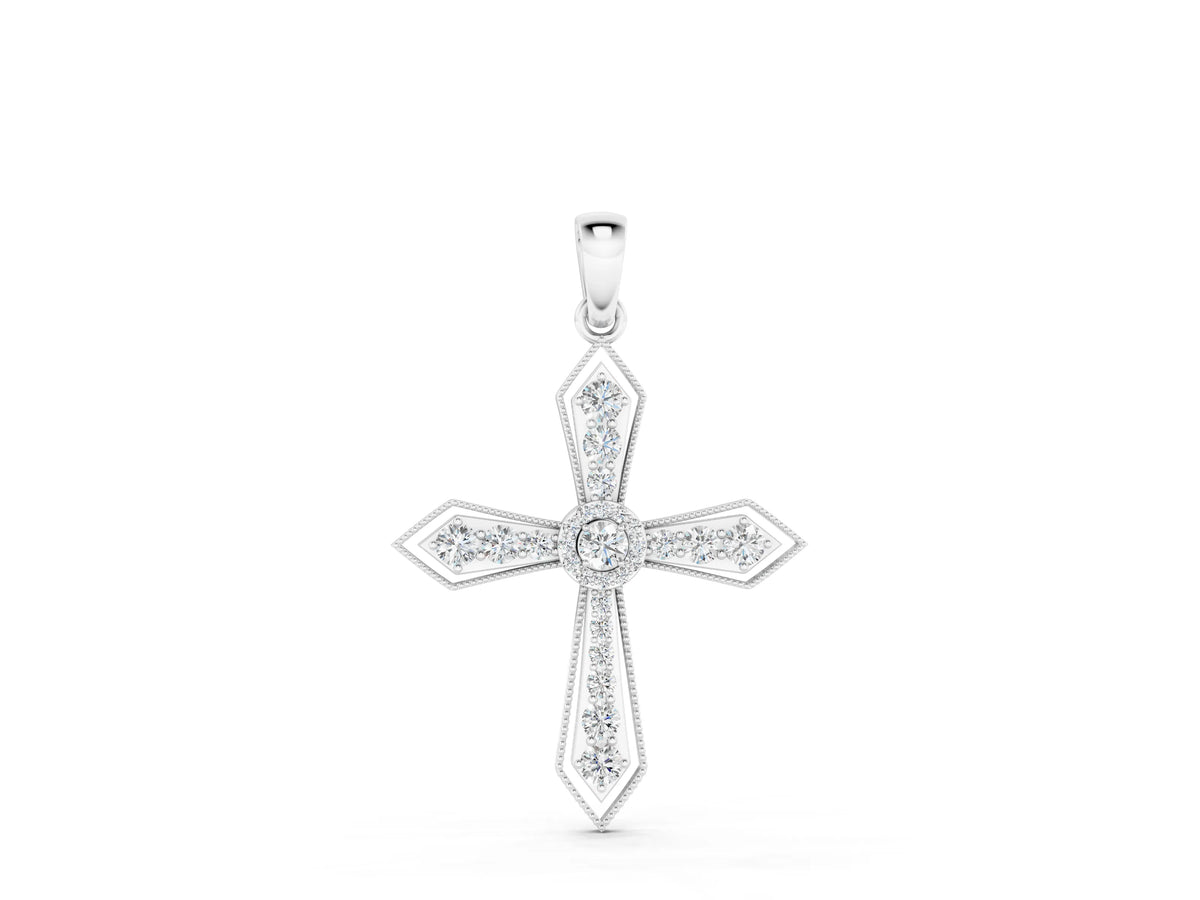Silver Round Diamond Milgrain Cross Pendant with Bezel Setting_2