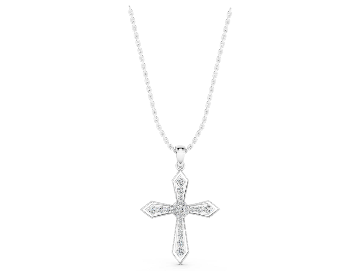 Silver Round Diamond Milgrain Cross Pendant with Bezel Setting_3