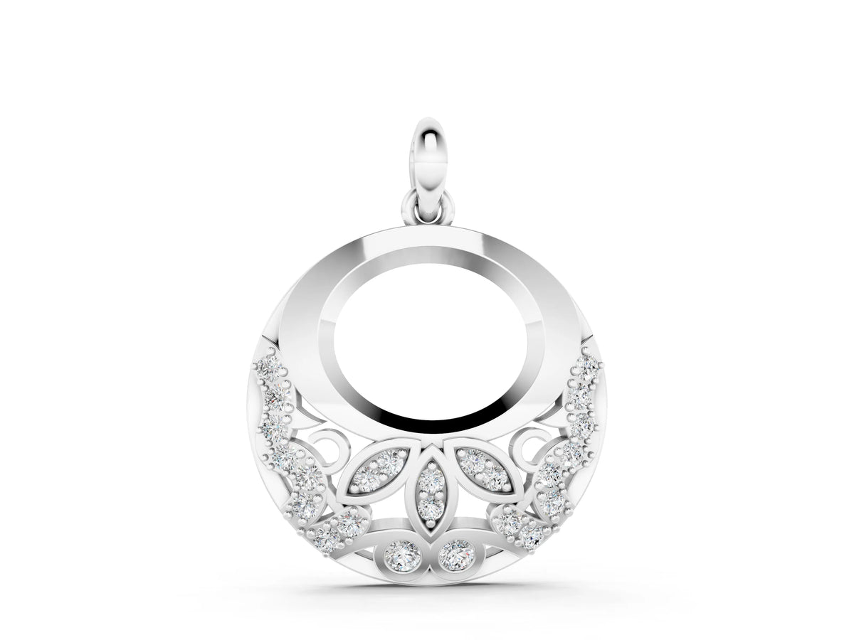 Silver Round Diamond Pavé Leaf Filigree Pendant_2