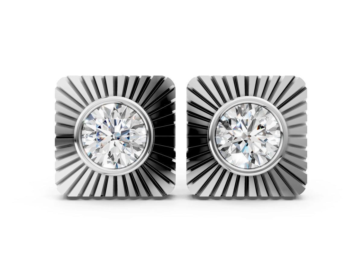 Silver Round Diamond Sunburst Square Stud Earrings_6