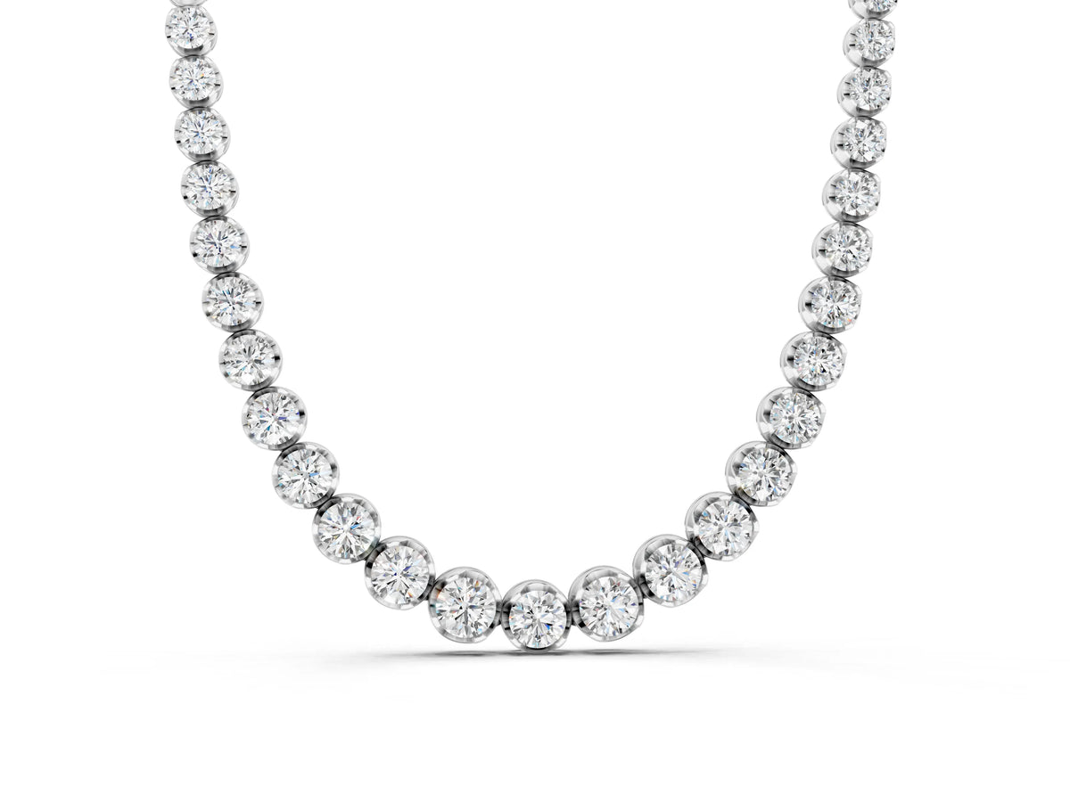 Silver Round Diamond Tennis Necklace with Bezel Setting and Prong Setting