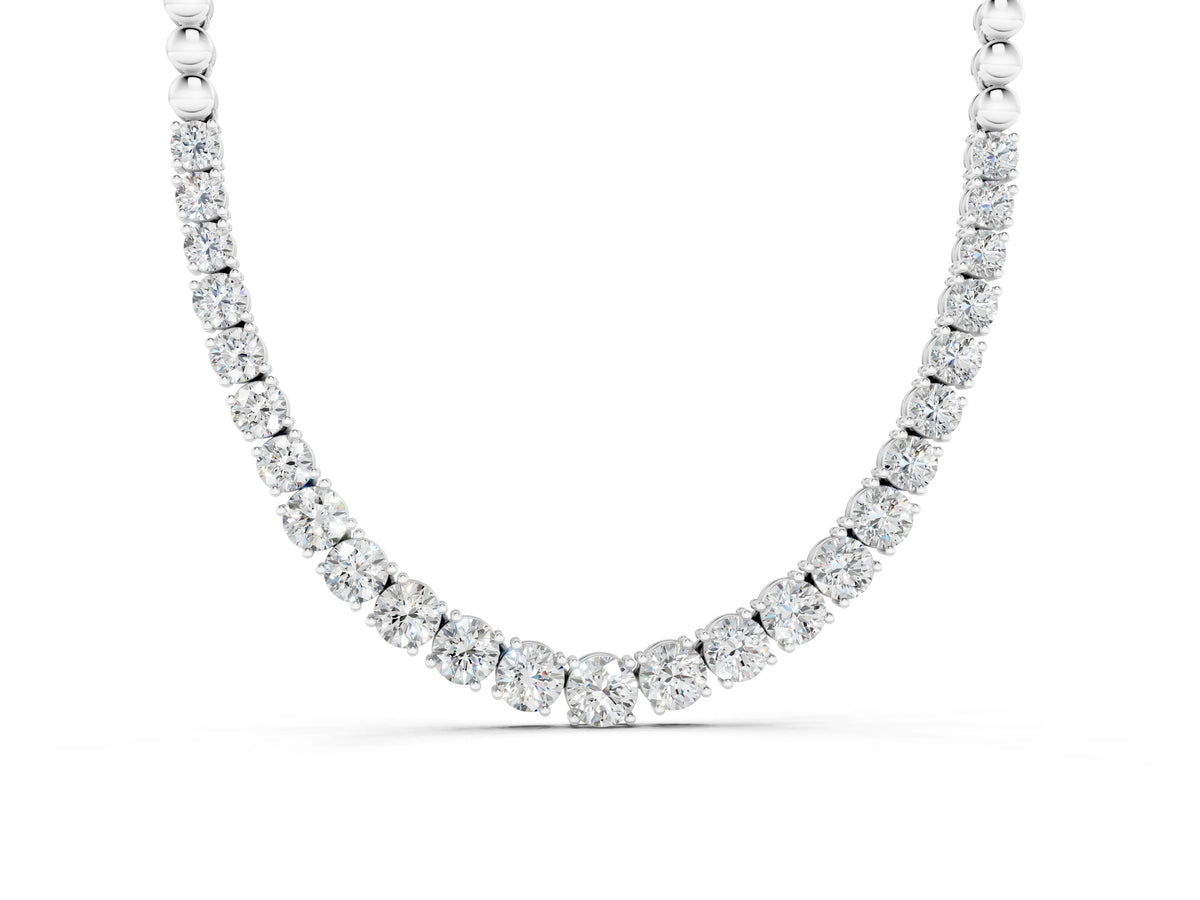 Silver Round Diamond Tennis Necklace with Prong Setting and Bead Chain