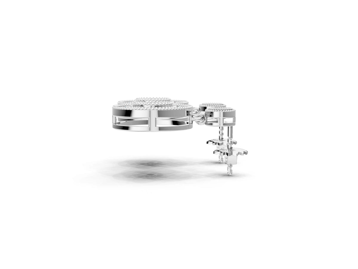 Silver Round Halo Diamond Drop Earrings with Milgrain Bezel Setting_3