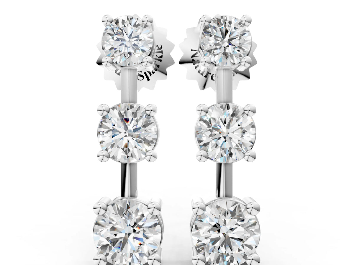 Silver Three-Stone Round Cut Drop Earrings with Prong Setting_6