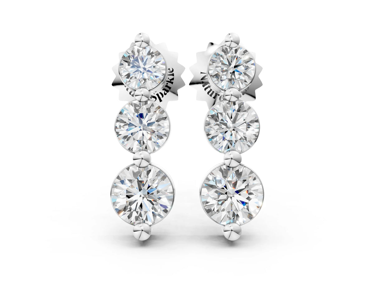 Silver Three-Stone Round Diamond Drop Earrings with Prong Setting on White Gold_3