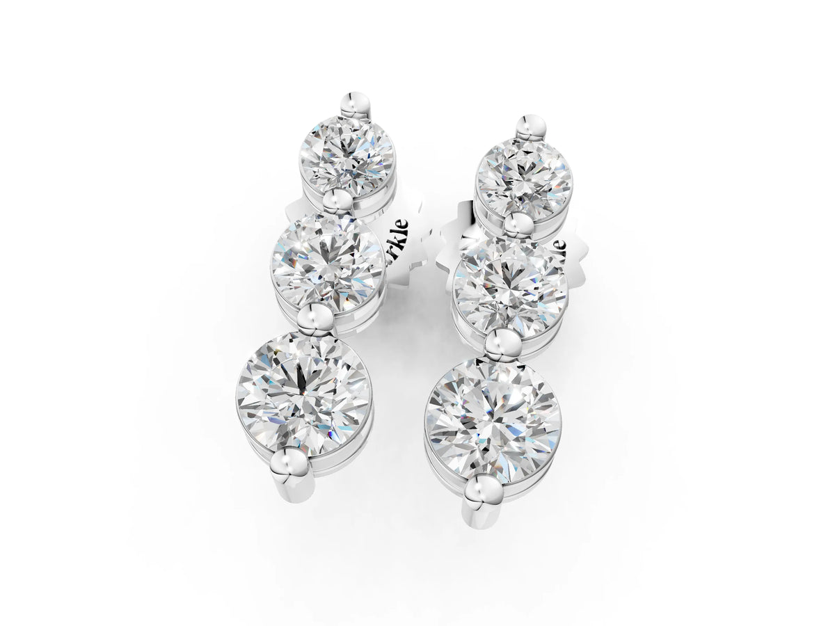 Silver Three-Stone Round Diamond Drop Earrings with Prong Setting on White Gold_4