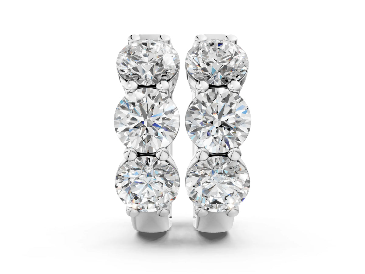 Silver Triple Round Diamond Huggie Earrings with Prong Setting_2