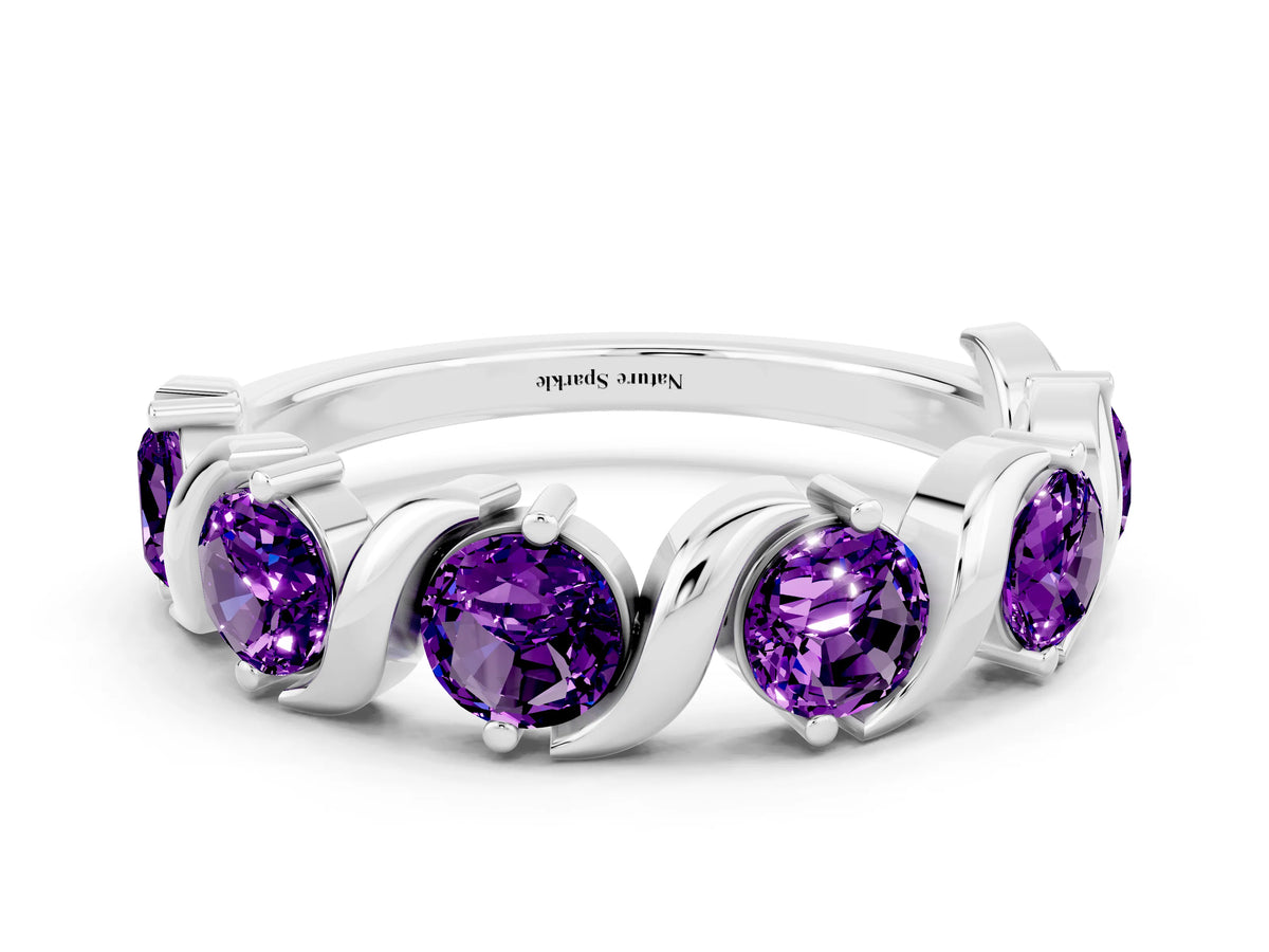 Six-Stone Round Amethyst Wave Band in White gold with Shared Prong Setting