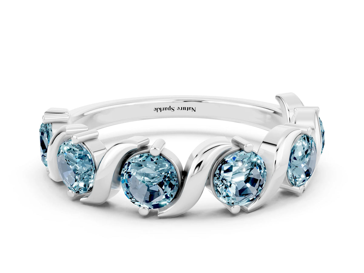 Six-Stone Round Aquamarine Wave Band in Silver with Shared Prong Setting