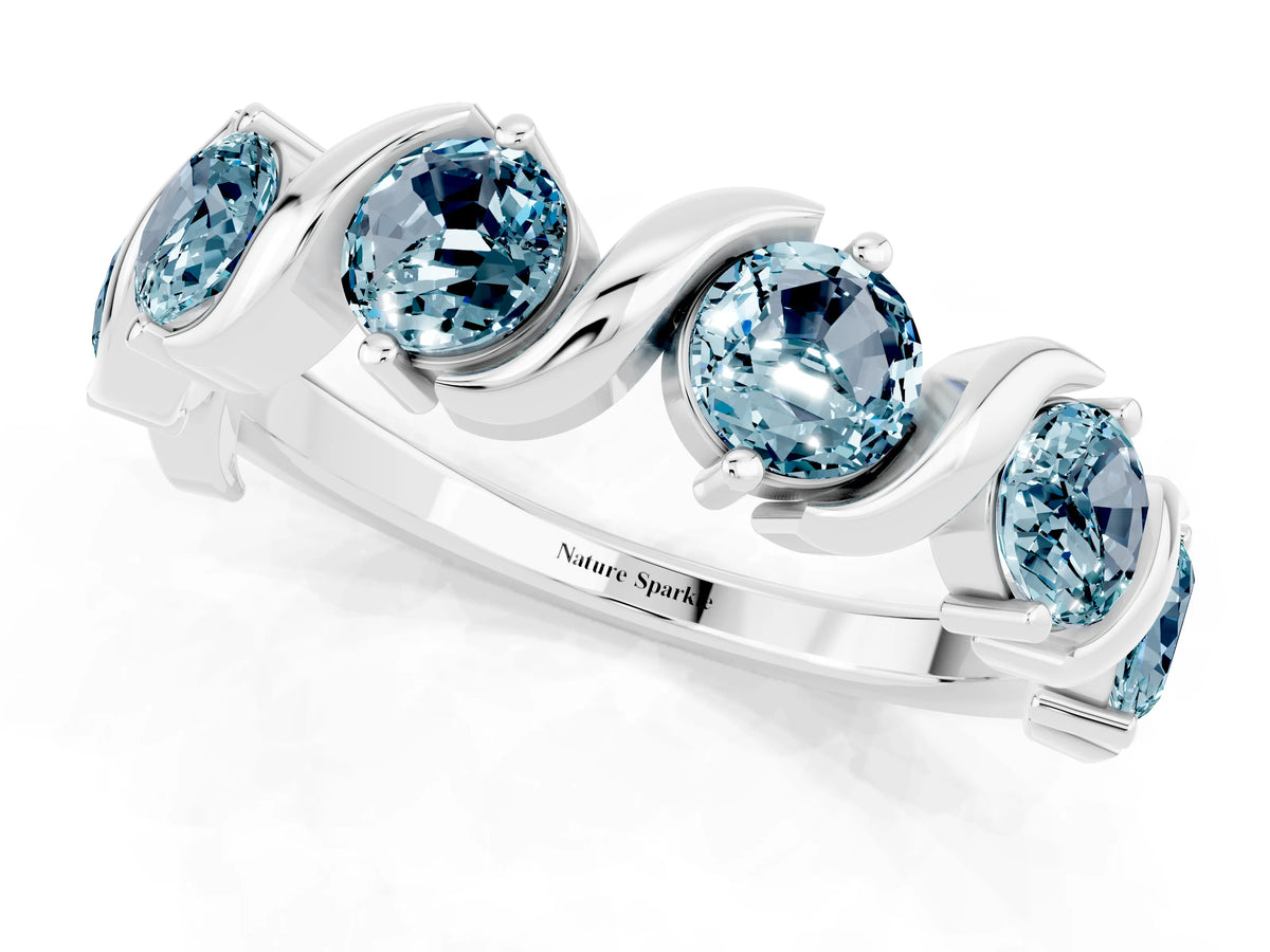 Six-Stone Round Aquamarine Wave Band in Silver with Shared Prong Setting_1