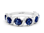 Six-Stone Round Blue Sapphire Wave Band in Silver with Shared Prong Setting