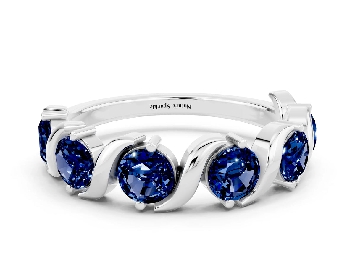 Six-Stone Round Blue Sapphire Wave Band in Silver with Shared Prong Setting