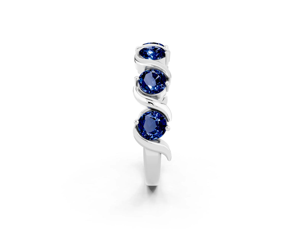 Six-Stone Round Blue Sapphire Wave Band in Silver with Shared Prong Setting_2