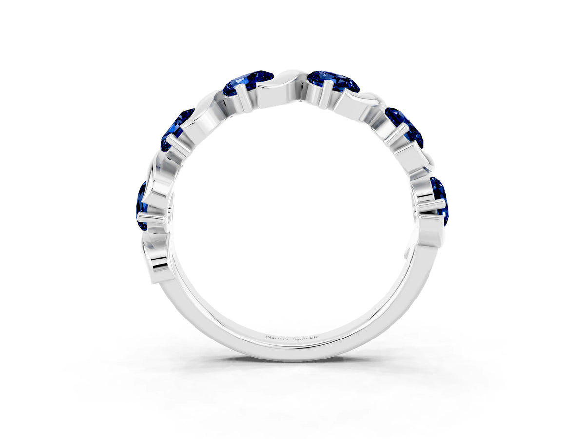 Six-Stone Round Blue Sapphire Wave Band in Silver with Shared Prong Setting_3