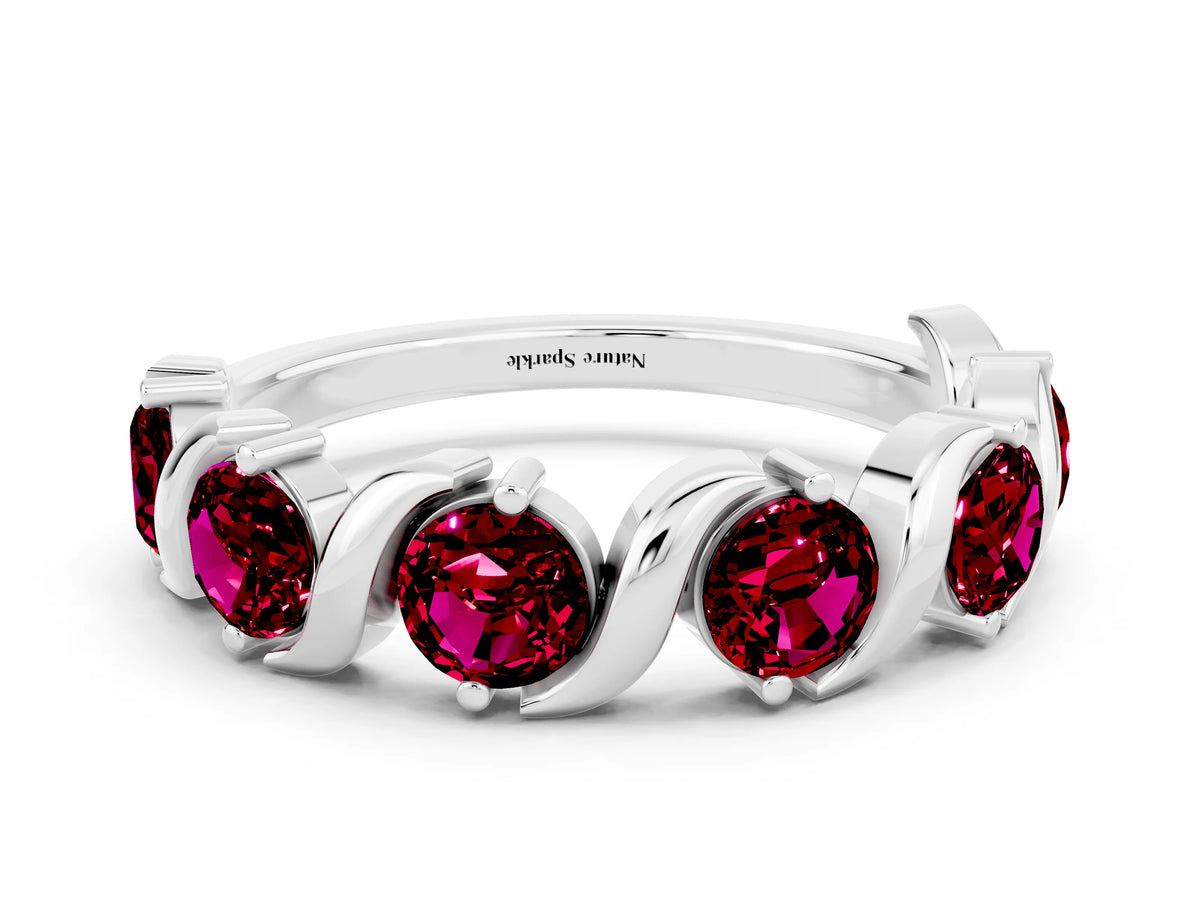 Six-Stone Round Garnet Wave Band in Silver with Shared Prong Setting